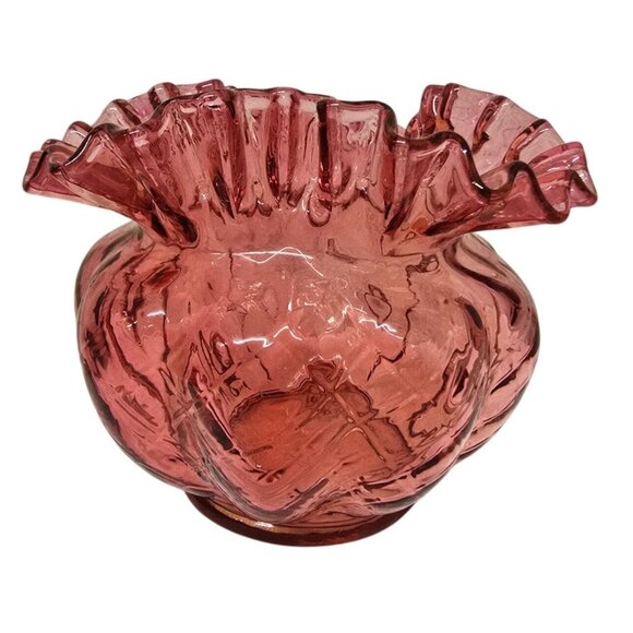 5" Fenton Cranberry Glass Vase Diamond Pattern Ruffled Edge - Picture 1 of 8